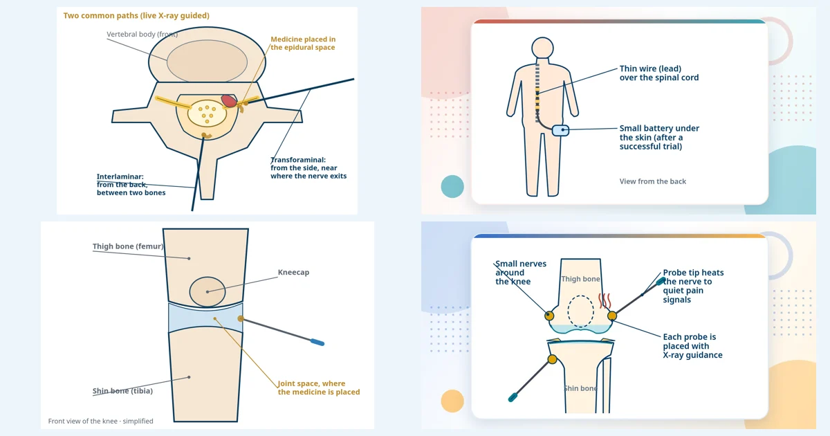 Simplified illustrations of an epidural injection, spinal cord stimulation, a knee joint injection and knee nerve radiofrequency ablation